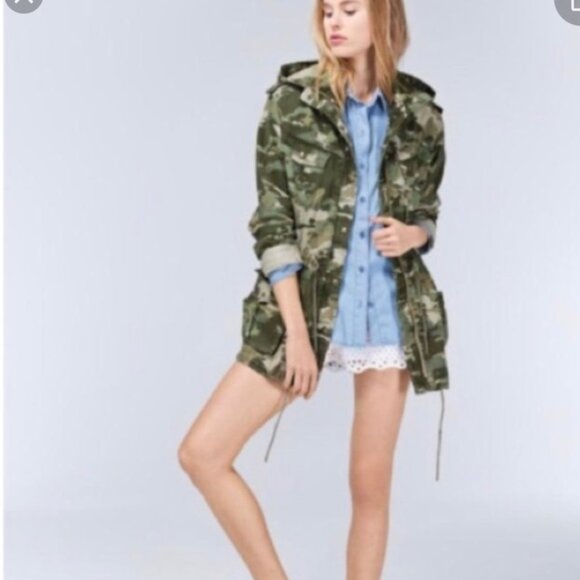 Aritzia Talula Trooper Camo Utility Hood Jacket Military Cotton Drawcord Hoodie - Picture 12 of 14